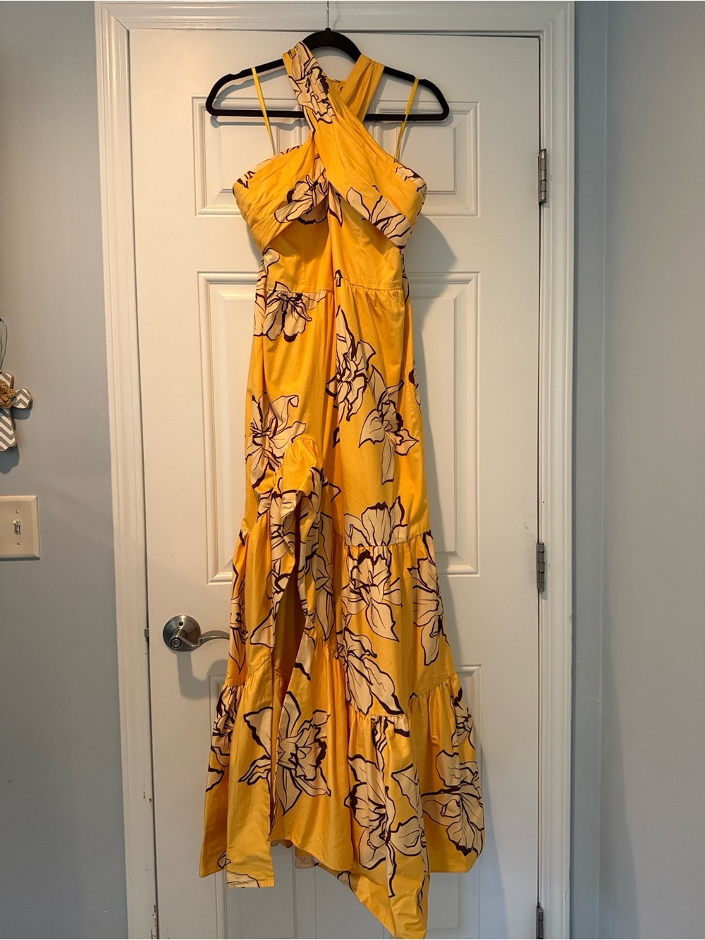 Hutch Bright Yellow / Brown and Cream Accents Floral Asymmetrical Maxi Dress